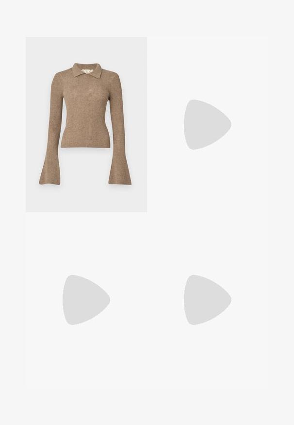 DESIGNERS REMIX CARMEN COLLAR - Džemperis - camel; Juodi dryžuoti šortai, pritaikyti pagal figūrą, su plokščiu priekiu, klostėmis ir lygiu paviršiumi. Su diržo kilpomis.; Juodai odiniai baletai su apvaliu pirštu, lygi texture, minimalus siuvimo detales ir lanksčiu padų dizainu.; Ruda odinė rankinė su uždaromu dangteliu, aukso spalvos detalėmis, petneša ir lygiu paviršiumi. Kompaktiška stačiakampio formos.
