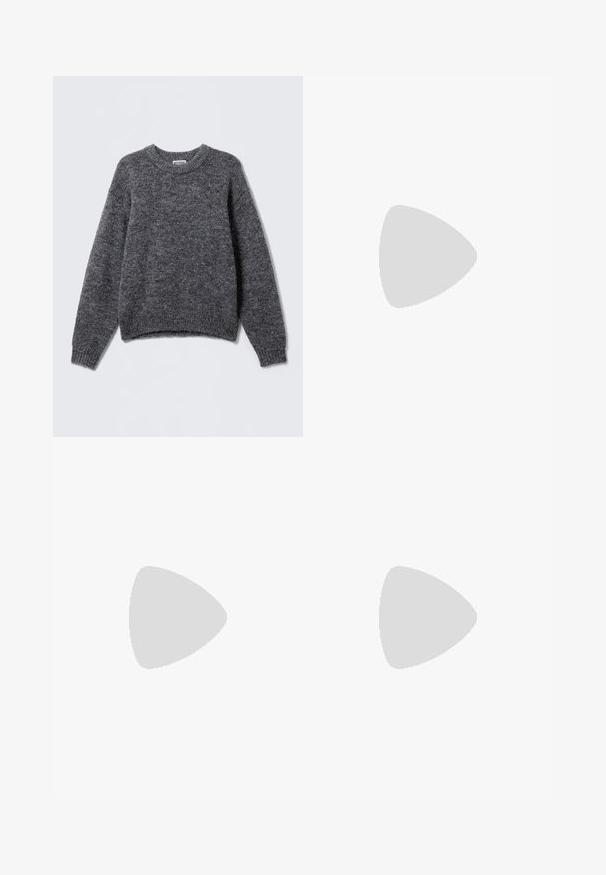 Pull en tricot gris avec un col ras du cou, des manches longues et des poignets et un ourlet côtelés. Texture douce avec un motif chiné subtil sur l'ensemble.; Chemise blanche à boutons avec un col classique, des manches longues et un ourlet arrondi ; présente un petit logo orange en bas à gauche.; Jeans en denim déchiré de couleur vert clair, avec une coupe droite, un design à cinq poches et un délavage inégal agrémenté de taches de peinture.; Chaussures derby en cuir noir au design élégant, bout rond et semelle en caoutchouc texturé avec des rainures profondes pour une meilleure traction.