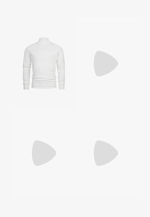 Hvid turtleneck sweater med teksturerede horisontale striber, ribbede manchetter og kant. Strikket stof giver et blødt, hyggeligt udseende.; Linnedragt i lys beige med elastisk talje og snøre, vid bendesign og sidelommer. Glat tekstur.; Sportsko med en overdel i hvid læder, grå ruskind på tåen og tre sorte striber. Har et blåt logo på tungen og en struktureret gummisål.; Sorte plastiksolkaber med grønne linser, firkantede stel, sølvaccent på brynene og teksturerede templede arme. Angivet mærke på den indre arm.