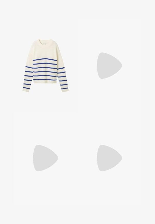 Maglione in maglia crema con righe orizzontali blu, scollatura tonda, maniche lunghe e polsini e orlo a coste. Tessuto morbido e vestibilità casual.; Pantaloni bianchi a gamba larga realizzati in tessuto morbido, con vita regolabile e texture liscia. Nessun motivo o decorazione visibile.; Sandalo blu navy con due cinturini in tessuto, cinturino alla caviglia regolabile e retro beige testurizzato. Suola spessa, bianca e scalloppata. Marca stampata sul cinturino.; Borsa a spalla in finta pelle marrone con forma curvata, cuciture minime e un accento in metallo dorato. Presenta una chiusura con zip superiore e una tracolla regolabile.