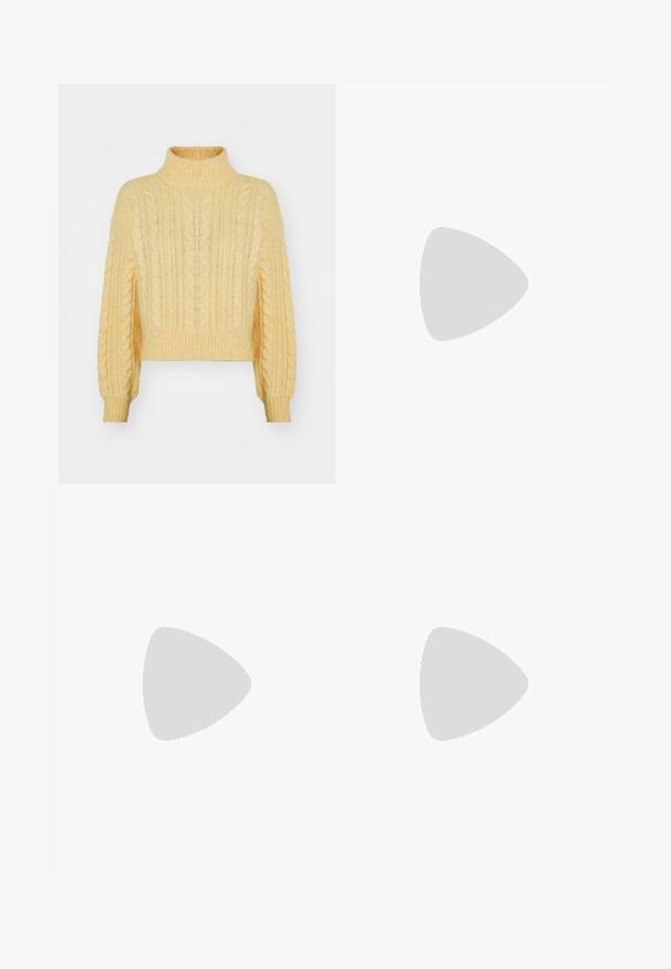 Pulover galben tricotat cu guler înalt, design scurt, model tricotat în cabluri și manșete cu nervuri. Textură moale și siluetă lejeră.; Pantaloni bej din catifea cu un croi lejer, având un talie cu șnur, două buzunare frontale și o textură verticală cu rigle.; Tenis light grey din suede și plasă, cu trei dungi albe, vârf rotund și o talpă din cauciuc gumă. Accente de logo aurii lângă șireturi.; Top verde din bumbac, cu detalii din dantelă la umeri și la guler, având un design ajustat și un material moale. Asortat cu pantaloni de culoare deschisă.