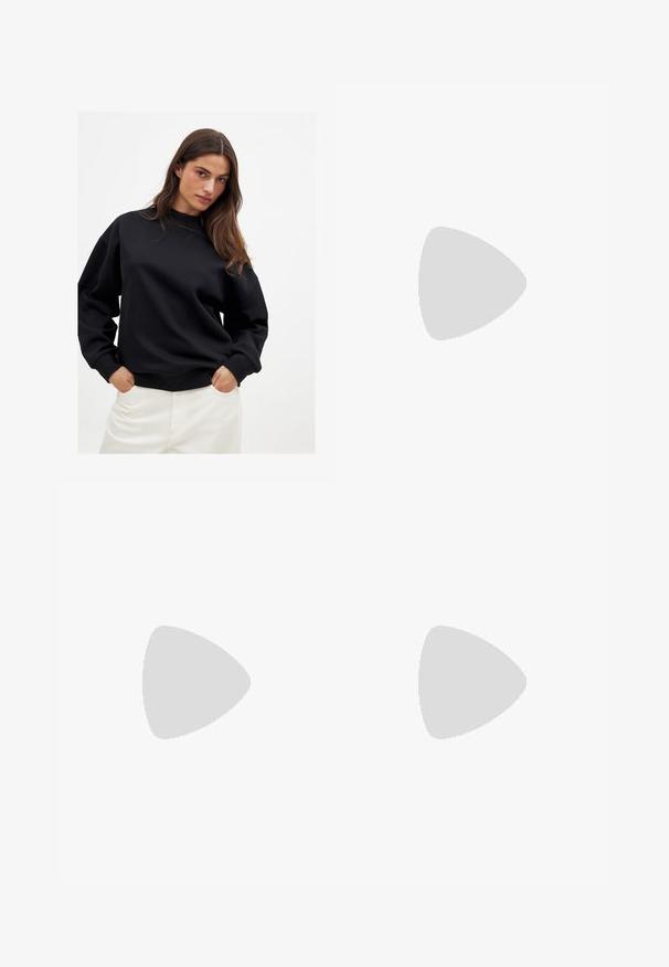 Sweatshirt noir avec un col rond, des épaules déchues et des poignets côtelés. Porté sur un pantalon blanc, avec une texture lisse.; Robe noire avec un design une épaule, manches longues et texture froncée sur le côté. Fabriquée en tissu doux et extensible.; Sandales à talons hauts bordeaux avec un orteil carré, des lanières fines et une boucle au niveau de la cheville. Texture en cuir lisse et un talon bloc fin.; Lunettes de soleil noires avec une monture géométrique, verres jaunes et accents dorés sur les branches. Texture lisse, forme large, design contemporain.; Boucles d'oreilles de couleur or avec une forme organique, semblable à des haricots, et une surface lisse et réfléchissante ; elles présentent un design minimaliste sans matériel visible.