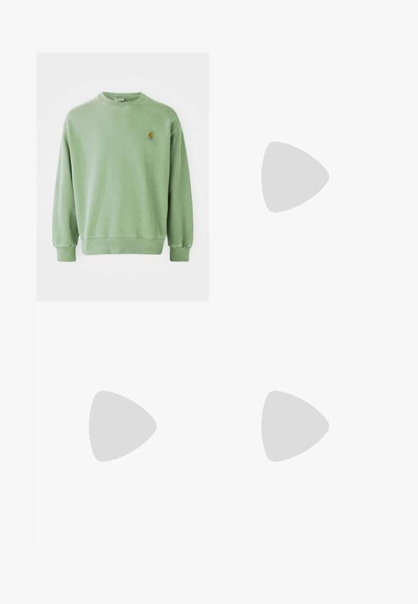 Sudadera verde claro de algodón, con cuello redondo, puños acanalados y un pequeño parche con logo en el lado izquierdo del pecho. Textura suave.; Camiseta blanca de algodón con mangas cortas, escote redondo y un corte relajado. Textura suave sin patrones o acentos visibles.; Pantalones de algodón verde con un corte relajado, cintura alta y piernas rectas. Presenta un cierre delantero con botón y cremallera, además de bolsillos laterales.; Zapatilla blanca con diseño de tres rayas perforadas, acentos texturizados, suela de goma y el logo "CAMPUS" en dorado en el lateral.; Gafas de sol con marco de metal y lentes ovalados verdes. Marco delgado de metal plateado y puntas de las orejas negras. Diseño minimalista, sin logotipos visibles.