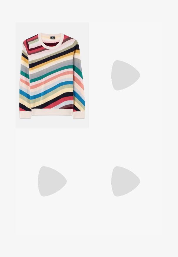 Multicolored sweater with horizontal stripes in pink, blue, green, yellow, and red. Features a crew neckline and ribbed cuffs. Soft knit texture.; Black flared jeans made of denim, featuring two front pockets, a button closure, and a smooth texture. Signature stitching visible at seams.; Paul Smith TOPANGA - Ballet pumps - black; Brown leather handbag with a flap closure, gold-tone hardware, a shoulder strap, and a smooth texture. Compact rectangular shape.