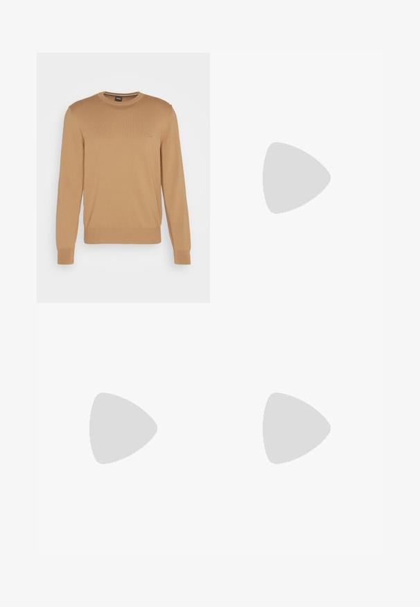 BOSS PACAS - Pulover - beige; Črne denim hlače z ravnim krojem, z gumbom in zadrgo, petimi žepi in diskretnimi šivi.; Črne usnjene čipkaste čevlje z zaobljenim nosom, gladko teksturo, minimalnim šitjem in nizkim gumijastim peto. Logo na peti.; Črna torba za šport z teksturiranim sintetičnim materialom. Ima dve ročaji in nastavljiv ramenski trak. Preprost dizajn brez vidnih vzorcev.