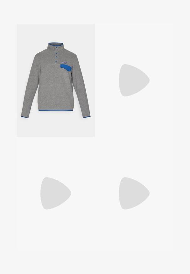 Pulover gri din fleece cu nasturi snaps albaștri, guler cu bordură albastră, clapetă pe piept și logo Patagonia deasupra buzunarului.; Tricou gri cu mânecă scurtă, fabricat dintr-un material moale și texturat, având un mic logo al brandului Patagonia în culoare albastră pe pieptul stâng. Fără modele suplimentare.; Pantaloni gri, ușori, cu talie elastică și șnur ajustabil; picioare conice; textura fină; include detalii cu logo pe lateral.; Spurtă sportivă neagră cu parte superioară sintetică texturată, talpă cu amortizare și sistem de șireturi rapide. Include un vârf și un călcâi întărit.