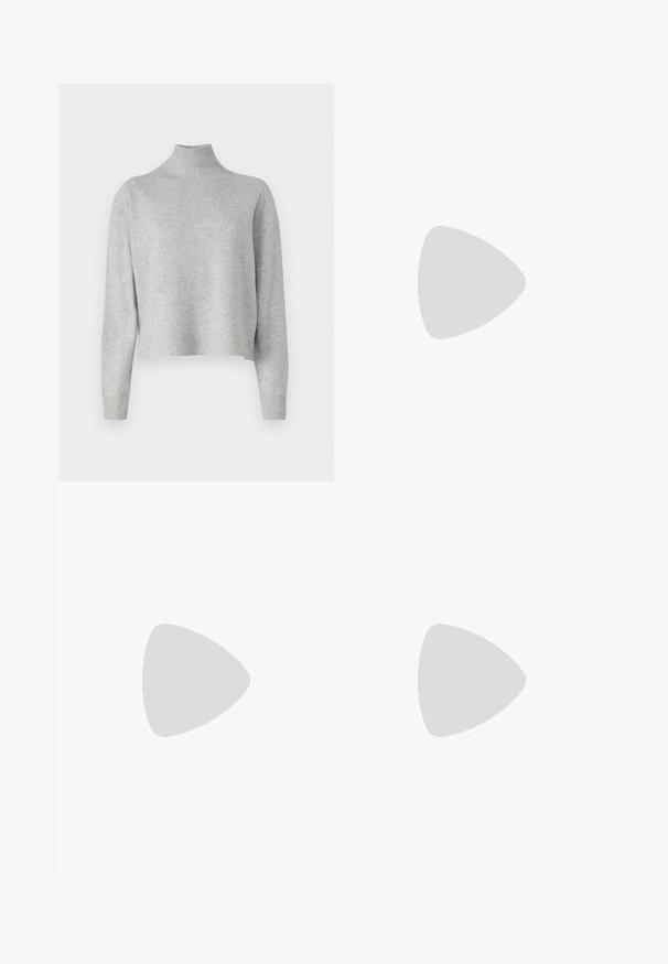 Light grey turtleneck sweater made of soft knit fabric, featuring long sleeves and a ribbed hem and cuffs. No patterns or hardware details.; Black tailored trousers with a straight-leg design, featuring a smooth texture and crisp creases along the front. No visible hardware.; Black leather slingback heels with a pointed toe, featuring a slim heel and a gold-tone accent on the adjustable strap. Smooth texture.; Black leather handbag with a structured design, featuring a cropped shape, top handle, and gold hardware accent. Adjustable shoulder strap included.