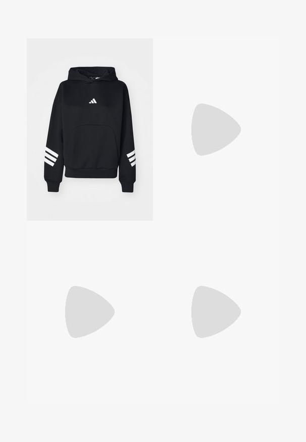 Černá mikina vyrobená z bavlny, se přední kapsou, bílým logem na hrudi a třemi bílými pruhy na každém rukávu.; Kraťasový sportovní tričko, tmavě šedé barvy s perforovanou texturou. Obsahuje bílé logo a kontrastní boční pruhy. Kulatý výstřih.; Černé legíny s vysokým pasem vyrobené z elastického materiálu. Na levé straně mají bílé logo a elegantní, bezešvou konstrukci. Hladká textura.; Černé sportovní boty s síťovaným svrškem, aerodynamickým tvarem, plochou podrážkou a třemi šikmými pruhy na boku. Lehký design pro pohodlí.