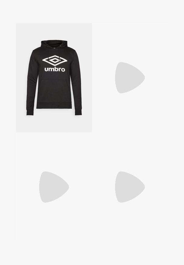 Black hoodie with a front pocket and drawstrings, featuring a large white diamond logo and "umbro" text on the chest. Smooth fabric texture.; Black short-sleeve athletic shirt made of smooth, lightweight fabric. Features a rounded neckline and discreet logo on the chest.; Black athletic pants with a smooth texture, slim fit, elastic waistband, and side pockets. Features a small logo on the left thigh.; Person wearing black athletic sneakers with textured sides and logo, paired with black socks and cropped pants on a light floor.