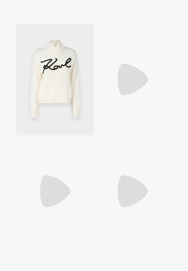 KARL LAGERFELD Stickad tröja - white/black; Svarta byxor med avslappnad passform, med en vit elastisk midja med varumärkeslogga. Tillverkade av ett mjukt tyg med en lätt lyster.; Svarta läderskeppsskor med rund tå, snörning framtill, metallöglor och platt sula. Har en liten tabbak på baksidan.; Svart och vit randig handväska med en strukturerad form, som har ett handtag upptill, en avtagbar kedjesnodd och en metallisk logotypdetalj.