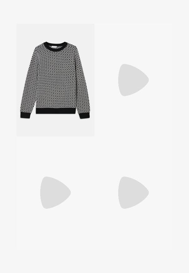 Black and white knitted sweater featuring a diamond pattern, round neckline, and ribbed cuffs and hem. Designed with long sleeves.; Filippa K TERRY CROPPED TROUSERS - Trousers - sage melange; White leather sneaker with a smooth finish, round toe, flat laces, and a textured sole. Features a subtle logo on the heel.; Black round sunglasses with dark lenses and slim metal arms. Includes clear temple tips and silver accents at the hinge. Minimalist design.