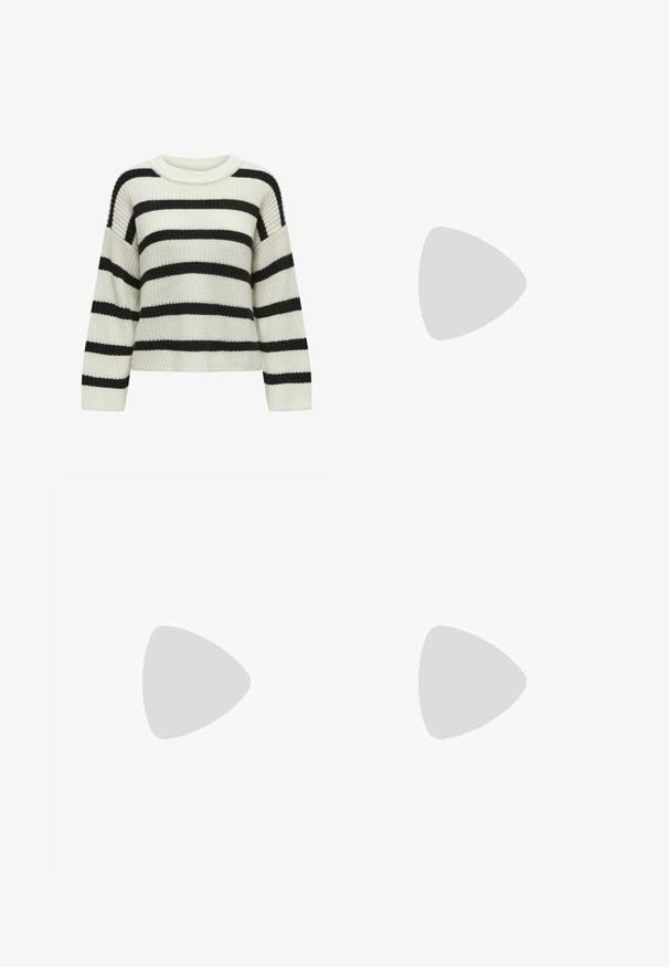 Maglione lavorato a maglia con collo rotondo, caratterizzato da strisce orizzontali alternate in nero e crema. Tessuto testurizzato con maniche lunghe e vestibilità corta.; Canottiera bianca a coste con scollatura rotonda, senza maniche e lunghezza cropped. Etichetta con la scritta "JJXX". Tessuto di texture liscia.; Pantaloni neri a gamba larga con cintura elastica, realizzati in tessuto liscio. Presentano un design pulito senza tasche o dettagli di cucitura visibili.; Sneaker in suede nero e grigio con un grande logo "N" color crema, lacci viola e una suola esterna in gomma gommosa texturizzata.