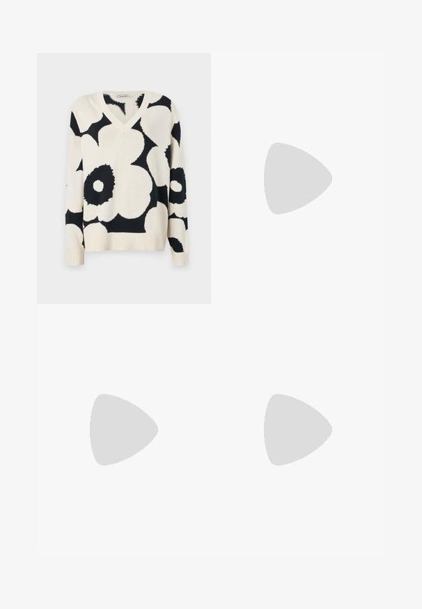Marimekko PÄIVÄ UNIKKO - Džemper - off white/dark grey; Heledad sinise denimist valmistatud teksapüksid kõrge vöökohaga, laia jala lõikega, kahe külje taskuga ja pleedi disainiga. Pehme tekstuur ja pleekinud viimistlus.; Must mustaga, terav varvas, madala kontsaga sildiga king, mis on valmistatud siledast nahast ja mille küljel on lõike disain hingavuse tagamiseks.; Must have mustras alasi nahkpatsi, pehme tekstuuriga, kolmnurkse kujuga ja reguleeritava rihmaga, koos helesinise triibulise särgi ja valgete pükstega.