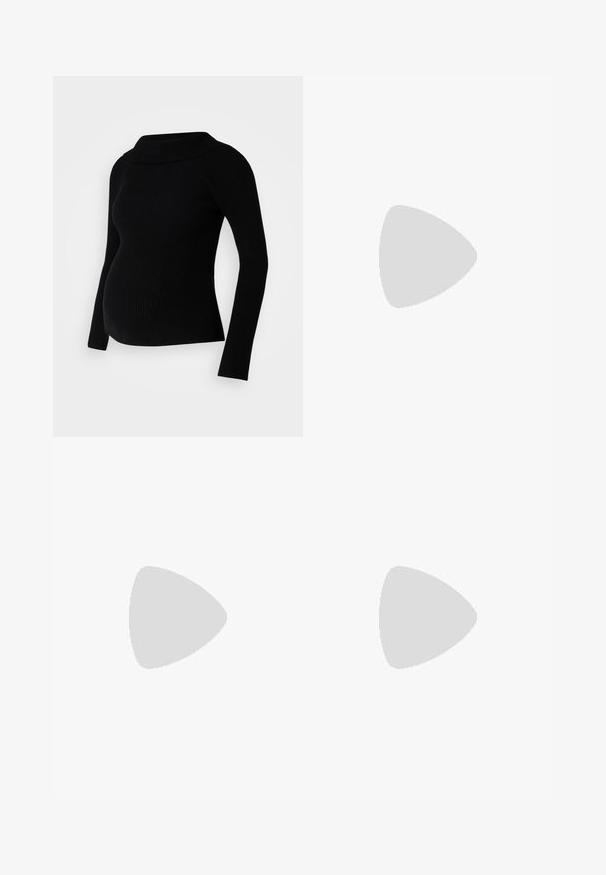 Musthave mustriba rasedus-sweater, millel on pikad varrukad, laiad volditud kaelused ja istuv siluett, mis on loodud mugavuse ja stiili tagamiseks raseduse ajal.; Mustad raseduspüksid, millel on kõrge, veniv vöökohus, küljetaskud ja kitsenevad sääred. Valmistatud pehmest ja mugavast kangast.; Valged tossud, mis on valmistatud siledast sünteetilisest materjalist, ümarate varvastega, paeltesse sisestatav disain, tasasel tald ja peene perforatsiooniga detailid.; Must musta kott, millel on struktureeritud kuju, sile tekstuur ja metallist klamber. Kombineeritud laiate mustade pükstega ja avatud varvaste sandaalidega puidust põrandal.