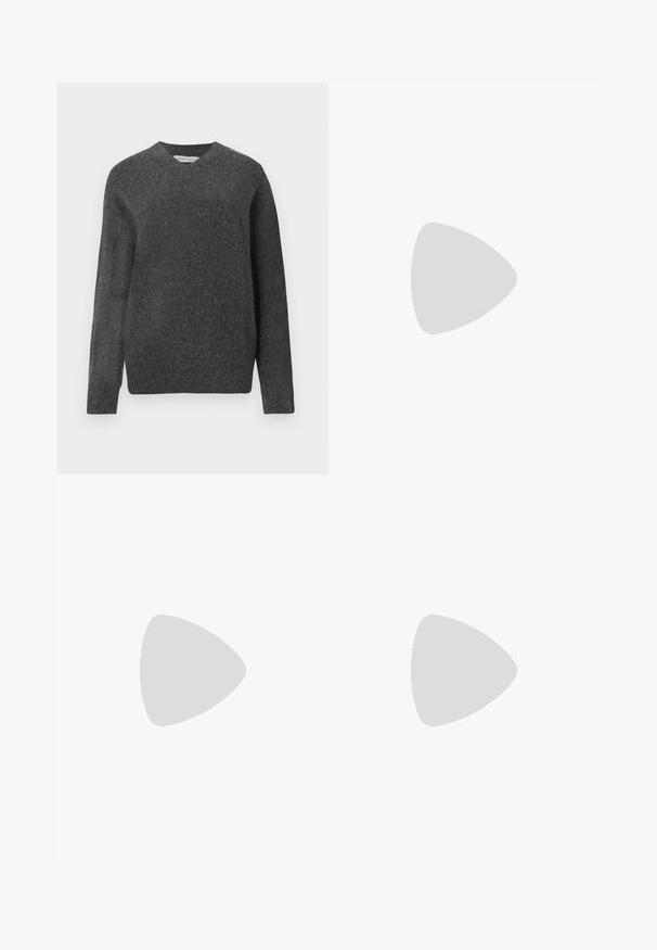 Suéter gris de cuello en V hecho de una suave mezcla de lana, con mangas largas y un corte relajado. Diseño simple y minimalista sin patrones prominentes.; Top blanco sin mangas con tirantes finos, hecho de tela de algodón acanalada, que presenta un escote recto y un acabado limpio en el dobladillo.; Falda A-line de cuero burdeos con una textura suave, costuras visibles y una cinturilla. De longitud media, forma acampanada con un dobladillo ligeramente curvado.; Mules de cuero negro con punta afilada y tacón bajo y cuadrado. Textura suave con un diseño elegante. Parte trasera abierta con detalles mínimos.; Bolso de mano blanco con pliegues, fabricado en un material suave. Cuenta con cierre de cuerda, asas trenzadas y un acento de herrajes en tono plateado.