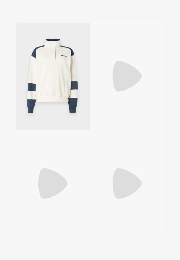 Pola fleece majica s polu zatvaračem u svijetloj krem boji s tamnoplavim rukavima i prugama. Mekana tekstura, ležeran dizajn, s izvezenim logotipom.; Crna pamučna majica s lijevom grafikom koja prikazuje sunce, planine i cvijeće. Opušteni kroj s kratkim rukavima i okruglim izrezom.; Široke traperice od srednje teškog plavog pamučnog platna. Sadrži klasični dizajn s pet džepova i zatvaranje na munju s dugmetom.; Bijele kožne tenisice s bež nubuk naglascima, perforiranim prednjim dijelom, ravnim čipkama i teksturiranom kremastom potplatom. Sadrži suptilni brend na pete.