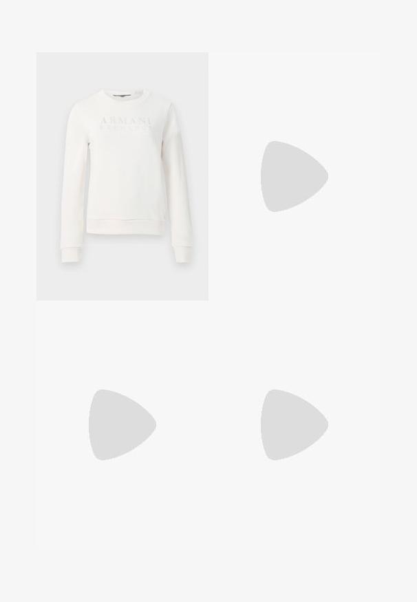 Bílá mikina s kulatým výstřihem vyrobená z měkkého materiálu, s vyvýšeným logem "ARMANI EXCHANGE" na přední straně. Žebrované manžety a lem.; Pletená bílá midi sukně s texturovaným vzorem a vertikálními pruhy a výřezovými detaily podél spodního okraje. Elastický pas. Měkký materiál.; Černé kožené baletní byty s kulatou špičkou, hladkou texturou, minimálními švy a flexibilním designem podrážky.; Hnědá kožená kabelka s klopou, zlatými kovovými detaily, ramenním popruhem a hladkým povrchem. Kompaktní obdélníkový tvar.