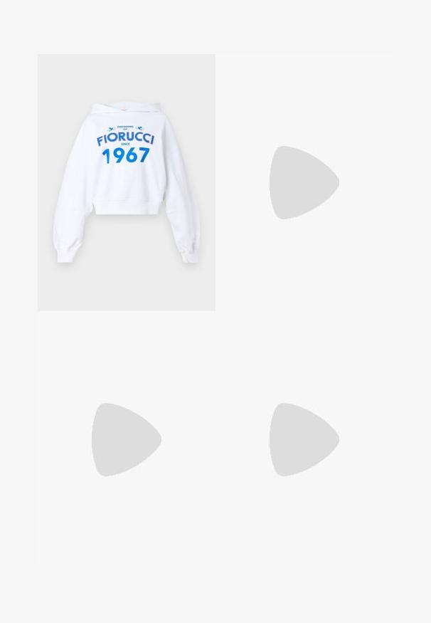 White cropped hoodie with long sleeves, featuring blue and red text design: "DREAMING OF FIORUCCI SINCE 1967" and two blue accents.; Navy tailored trousers with a straight cut, featuring a smooth texture, two front pockets, and a clean waistband.; Black leather ballet flats with a pointed toe, featuring a strap with a circular metallic buckle and a flat sole.; Black patent leather handbag with a rectangular shape, chain strap, and a distinctive hardware accent in the center. Smooth texture.