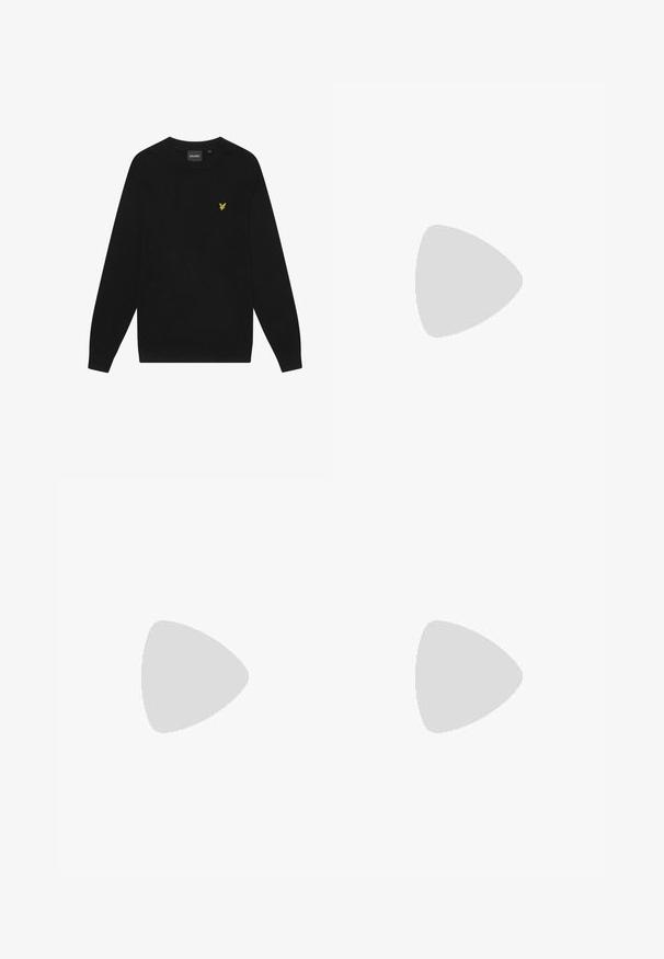 Sweatshirt en coton noir avec des manches longues et un col rond. Présente un petit logo d'aigle jaune sur la poitrine. Texture douce.; Pantalons noirs à jambe large en tissu léger. Dotés d'une taille élastique et d'une texture lisse. Aucun motif visible ni pièce métallique.; Mocassins en cuir noir à bout arrondi, avec un design cousu, une semelle plateforme basse et une semelle en caoutchouc texturée et crantée.; Lunettes de soleil en plastique noir avec verres verts, monture carrée, accent argenté sur le sourcil et branches texturées. Marque indiquée sur l'intérieur de la branche.