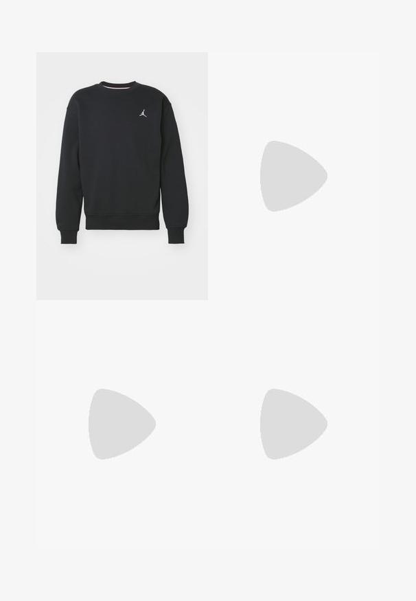 Schwarzes Sweatshirt aus Baumwollmischung, mit Rundhalsausschnitt, gerippten Bündchen und dem auf der Brust gestickten Jordan-Logo.; Weiße Shorts mit elastischem Bund und Kordelzug, vor einem schlichten hellen Hintergrund präsentiert. Geeignet für lässige oder warme Wetterkleidung.; Schwarze Low-Top-Sneaker mit weißen Schnürsenkeln und Nähten, kombiniert mit lockeren beigen Cargo-Hosen, stehen auf einem blauen Teppich.; Schwarze rechteckige Sonnenbrille mit dunklen Gläsern, einem glatten Kunststoffrahmen und einem dezenten Logo am linken Bügel. Minimalistisches Design.