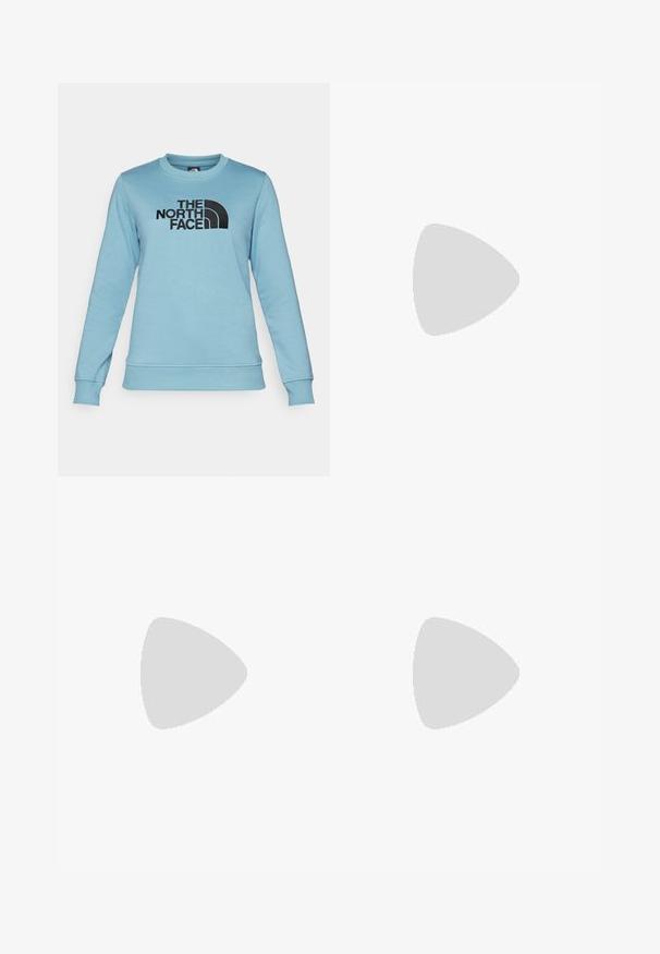 The North Face DREW PEAK CREW - Melegítőfelső - algae blue; Fekete kültéri nadrág, tartós anyagból készült, laza fitnesz, rugalmas derékpánttal és állítható hosszúságú, behúzható szárakkal rendelkezik.; Fekete túrázó cipő texturált felsőrésszel, fűzős záródással és vastag gumitalppal, mely oldalán egy kiemelkedő logó és mintázott talpkialakítás található.; Barna árnyalatú napszemüveg teknősbéka mintával, szögletes kerettel és karcsú szárakkal. Könnyű műanyagból készült.