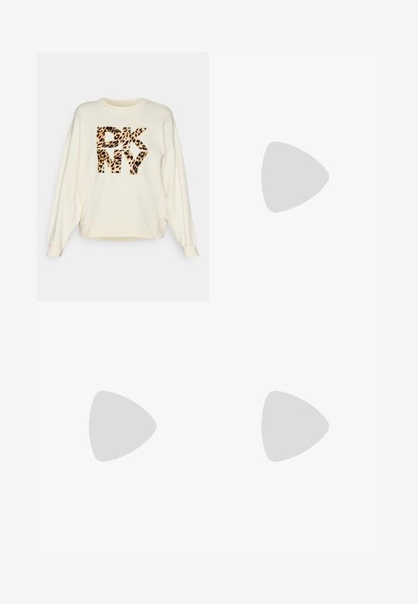 Krém színű, laza szabású pulóver, elöl leopardmintás "DKNY" felirattal.; Fekete, testhezálló nadrág egyenes szárú kivitelben, sima textúrával és éles redőkkel az elején. Nincs látható fémalkatrész.; Fekete bőr slingback magassarkúk, hegyes orral, vékony sarkakkal és arany színű részlettel a állítható pánton. Simа felület.; Fekete bőr kézitáska, strukturált dizájnnal, rövidített formával, felső fogantyúval és arany színű kiegészítőkkel. Állítható vállpánt is tartozik hozzá.