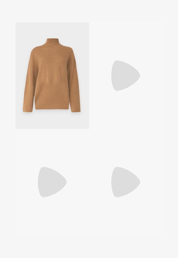 KNITID OVERSIZED ROLL NECK - Svetr - chestnut; Pletená bílá midi sukně s texturovaným vzorem a vertikálními pruhy a výřezovými detaily podél spodního okraje. Elastický pas. Měkký materiál.; Černé kožené baletní byty s kulatou špičkou, hladkou texturou, minimálními švy a flexibilním designem podrážky.; Hnědá kožená kabelka s klopou, zlatými kovovými detaily, ramenním popruhem a hladkým povrchem. Kompaktní obdélníkový tvar.
