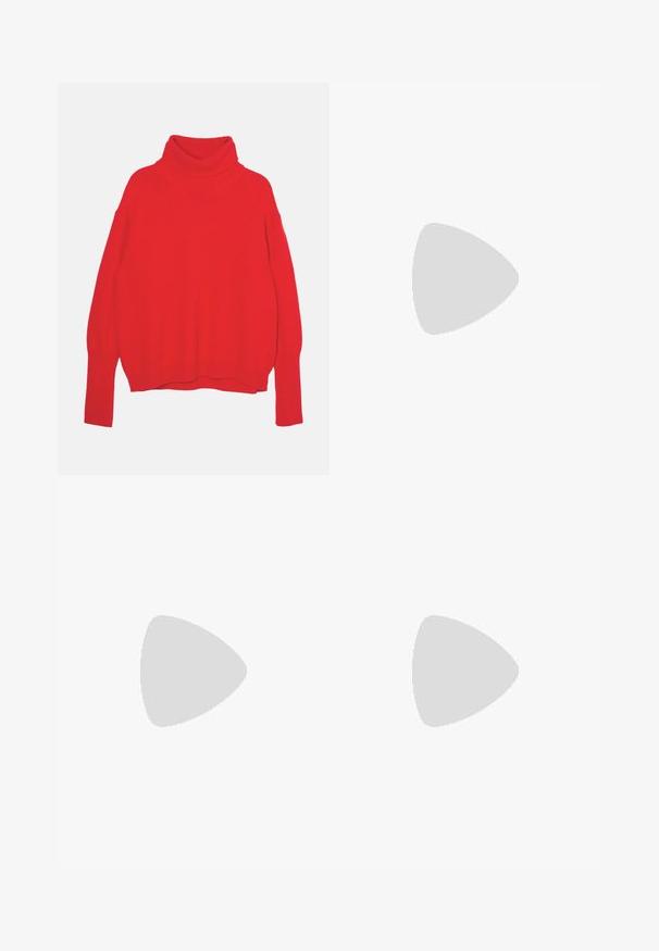 Red knitted turtleneck sweater with a relaxed fit, long sleeves, ribbed cuffs, and hem. Smooth texture and solid color throughout.; White lace skirt with a textured pattern, featuring an asymmetrical hemline and a flowing silhouette, made from lightweight fabric.; Red suede sneaker with white three-stripe design and gold "Gazelle" text. Features a rubber gum sole and textured heel.; Gold metal frame sunglasses with green lenses, round shape, thin temples, and white plastic accents on the tips of the arms.