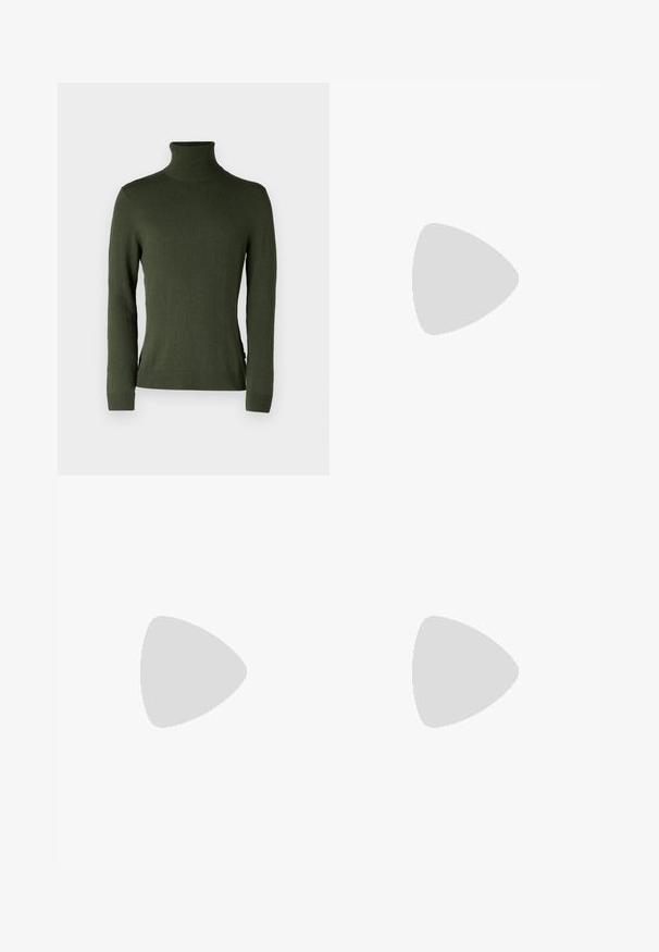 Maglione verde a collo alto, realizzato in tessuto morbido, presenta maniche lunghe, una vestibilità slim e polsini e orlo a costine, con dettagli a fessura laterale.; Pantaloni in denim neri a gamba larga con una texture liscia, design a cinque tasche e chiusura con bottone. Presenta una vestibilità rilassata e un orlo affusolato.; Scarpe in pelle nera con punta arrotondata, design con lacci e suola spessa e texture. Indossate con pantaloni neri su misura e un maglione a coste.; Occhiali da sole neri rettangolari con lenti scure. Montatura lucida, aste dritte con una leggera curvatura. Design minimalista, senza decorazioni.