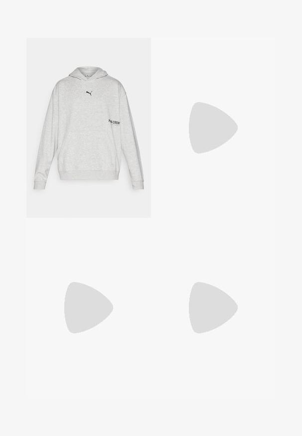 Hoodie cinza claro feito de mistura de algodão, apresentando um bolso canguru, capucho com cordão, logótipo preto no peito e detalhe em texto na manga.; T-shirt desportivo preto de mangas curtas feito de tecido leve. Apresenta um decote redondo e um logo "HYROX" impresso com um emblema Puma na frente.; Calções desportivos pretos com um cós elástico, feitos de material leve, apresentando um pequeno logotipo branco na parte inferior.; Sapatilha desportiva preta com parte superior texturizada, sola curvada e calcanhar reforçado. Apresenta atacadores e um elemento de design lateral discreto.