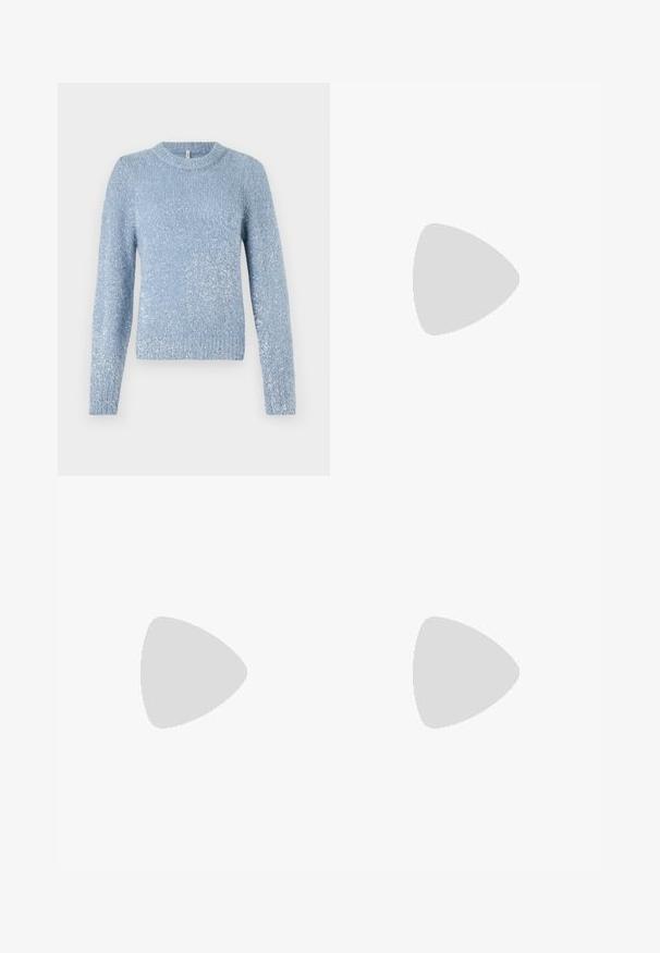 Light blue knitted sweater with a crew neck, long sleeves, and a slightly textured finish featuring subtle shimmer accents throughout.; High-waisted black denim jeans with a relaxed fit, featuring traditional five-pocket design and a button fly. Textured, non-stretch fabric.; Black leather ankle boots with a round toe, lace-up front, and a thick rubber sole featuring a textured tread. Pull tab at the back.; Woman with long dark hair wearing a black suit, carrying a black leather shoulder bag, looking over her shoulder against a white background.; Silver hoop earrings with a minimalist design. Circular shape, smooth texture, and thin profile. Lightweight with a polished finish.