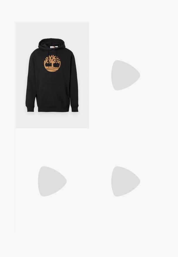 Black hoodie made of cotton, featuring a large brown tree logo on the front, a front pocket, and drawstring hood. Smooth texture.; Black lightweight cargo pants with an elastic waistband, side zippers, and spacious pockets. Features a loose fit and tapered cuffs.; Black athletic shoe featuring mesh upper, rubber sole, and textured accents. Design includes pronounced lacing system and cushioned sole.; Black Oakley wraparound sunglasses with dark rectangular lenses and curved arms on a plain white background.