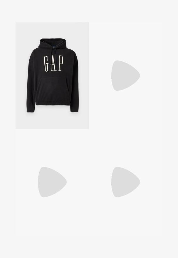 Black hoodie made of soft fabric, featuring a front pocket, drawstring hood, and "GAP" logo in cream-colored text on the chest.; Straight-leg blue denim jeans with a faded wash, featuring five-pocket design, metal button, and belt loops. Structured, medium-weight fabric.; White sneaker with black and gray accents, featuring a textured gray toe cap, black rubber sole, and flat white laces. Clean design, minimalist style.; Black leather shoulder bag with a zip closure, featuring a textured body, white stitching, and a strap with silver grommets.