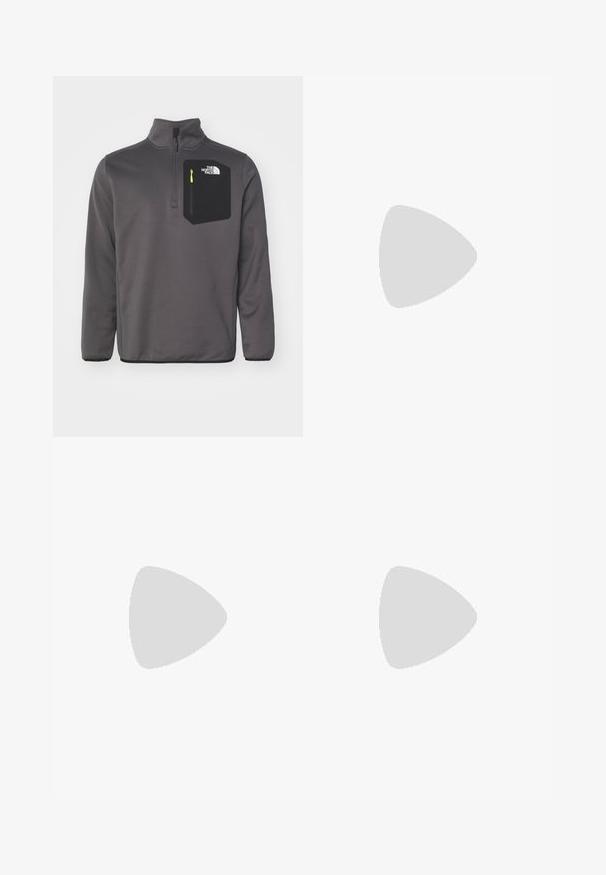 The North Face CREST ¼ ZIP - Mikina - anthracite grey/black; The North Face M L/S SIMPLE DOME TEE - Top s dlouhým rukávem - medium grey heather; Černé venkovní kalhoty s hladkým materiálem, bočními zipovými kapsami, zesílenými částmi kolen a nastavitelným pasem se sponou.; Černé voděodpudivé kalhoty uvolněného střihu s malou postranní kapsou. V kombinaci s robustními černými a šedými turistickými botami s vzorem.