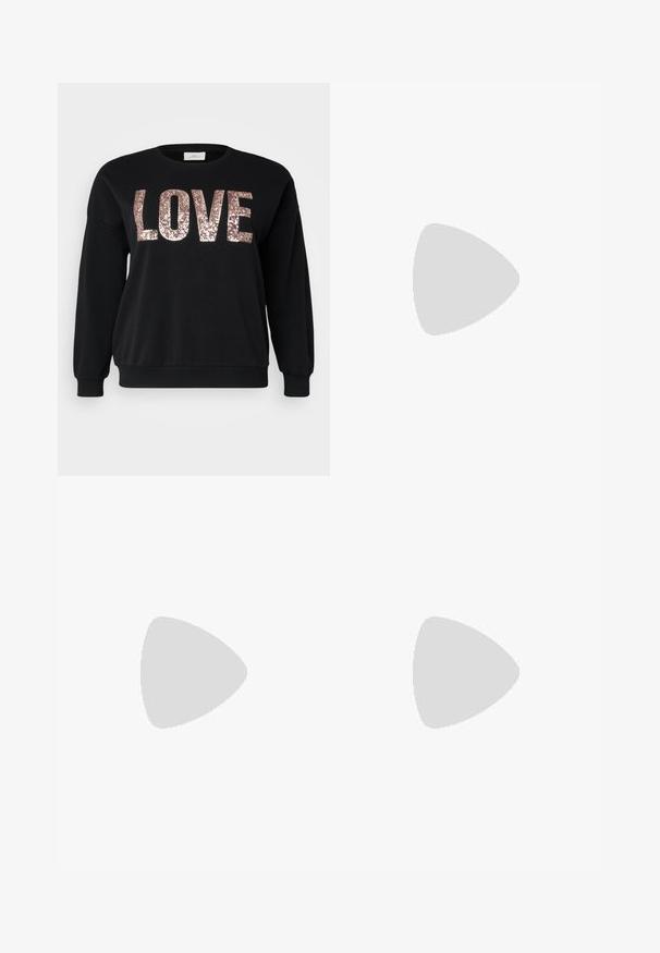 ONLY Carmakoma CARKATYA LOVE O NECK  - Sweatshirt - black; Black flared trousers with a high waist; features two front pockets and a smooth fabric texture. Suitable for various occasions.; Black patent heeled sandals with a square toe, ankle straps, and silver buckles. Features a chunky block heel for stability.; Gold-tone hoop earrings with a smooth, polished finish. Features a half-circle shape and a secure post closure.