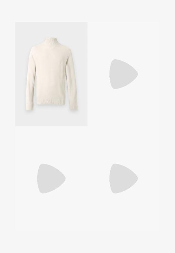 Cremefarbener, gestrickter Rollkragenpullover mit langen Ärmeln sowie gerippten Bündchen und Saum, auf einem weißen Hintergrund gezeigt.; Graue Cargo-Hosen aus robustem Stoff, mit geradem Bein Design, mehreren seitlichen Taschen und sichtbaren Nähten.; Schwarze Lederschuhe mit einer runden Spitze, Schnürdesign und dicker, strukturierter Sohle. Getragen mit maßgeschneiderten schwarzen Hosen und einem gerippten Pullover.; Schwarze rechteckige Sonnenbrille mit dunklen Gläsern. Glänzender Rahmen, gerade Bügel mit leichter Krümmung. Minimalistisches Design, keine Verzierungen.