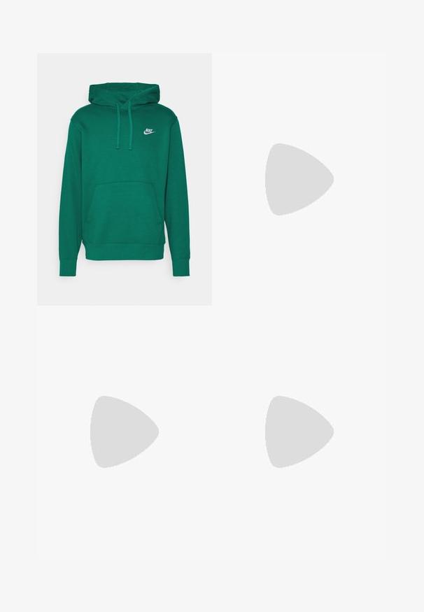 Zaļš kapuces džemperis, kas izgatavots no mīksta kokvilnas maisījuma, ar regulējamu kapuci, priekšējo kangaroopokketu un mazu baltu Nike logo uz krūškurvja.; Melni sporta bikses, kas izgatavotas no mīksta auduma, ar elastīgu jostu un auklām, nofiksētām potītēm un mazu logo detaļu sānos.; Baltas Nike Air Max 90 sporta apavi ar sietu un ādas augšdaļu, caurspīdīgu pirksta daļu un redzamu gaisa vienību papēdī.; Melni saulesbrilles ar matētu apdari, taisnstūra lēcām, nedaudz izliektiem tempļiem, smalkiem logotipa elementiem un dūmu nokrāsas lēcām.