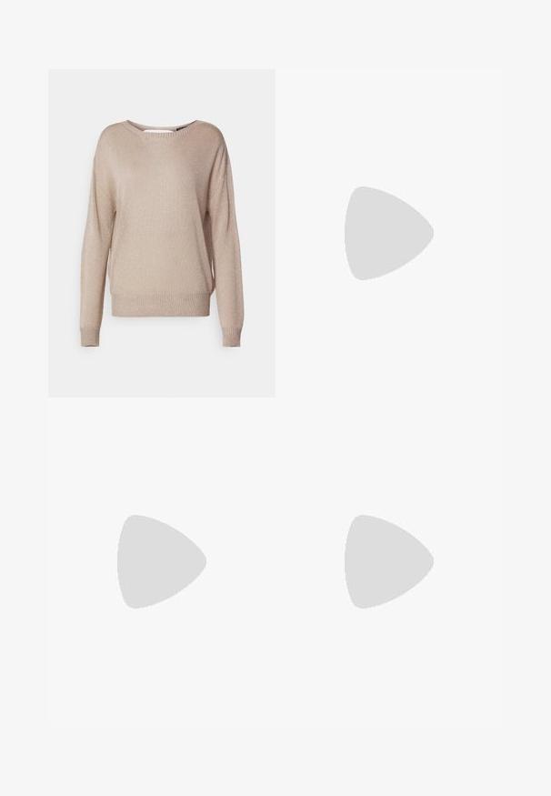 Pull léger beige en tricot doux avec une coupe légèrement décontractée. Il possède un col rond, des poignets et un bas côtelés, ainsi qu'une texture chatoyante.; Une jupe à mi-longueur en tissu léger avec un motif abstrait beige, marron et vert. Elle présente une taille ajustée et une coupe fluide.; Sandale à talon haut en daim rose avec un talon bloc, bout ouvert et bride de cheville avec une détail de boucle en or. Bande avant plate.; Sac à épaule en faux cuir brun, de forme arrondie, avec des coutures minimales et un accent en matériel doré. Il possède une fermeture zippée sur le dessus et une sangle réglable.