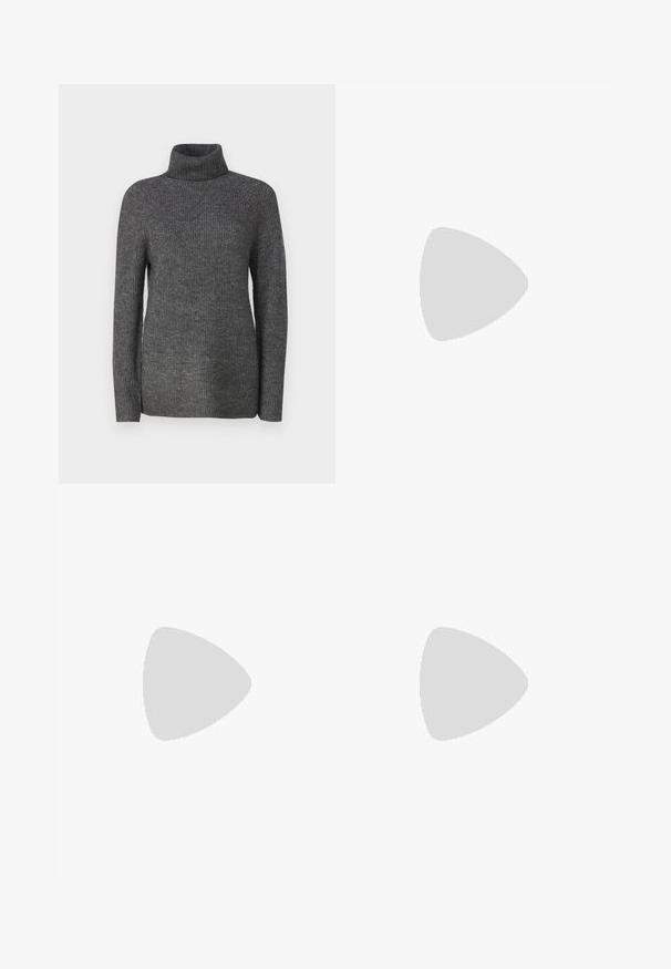 JDY JDYFINE LONG PULLOVER - Strikkegenser - dark grey; Lys blå denim bukser med brede ben og høy midje, med frontlommer og sømde detaljer. Bunnkanten er rullet og sydd.; Lysfargede sneakers med overdel i semsket skinn og mesh, med tre sidestriper, flate snøringer og en gjennomskinnelig grønn gummisal.; Svart semsket håndveske med en buet design, med nagle detaljer og en teksturert overflate. Justerbar stropp med nagler langs kanten.
