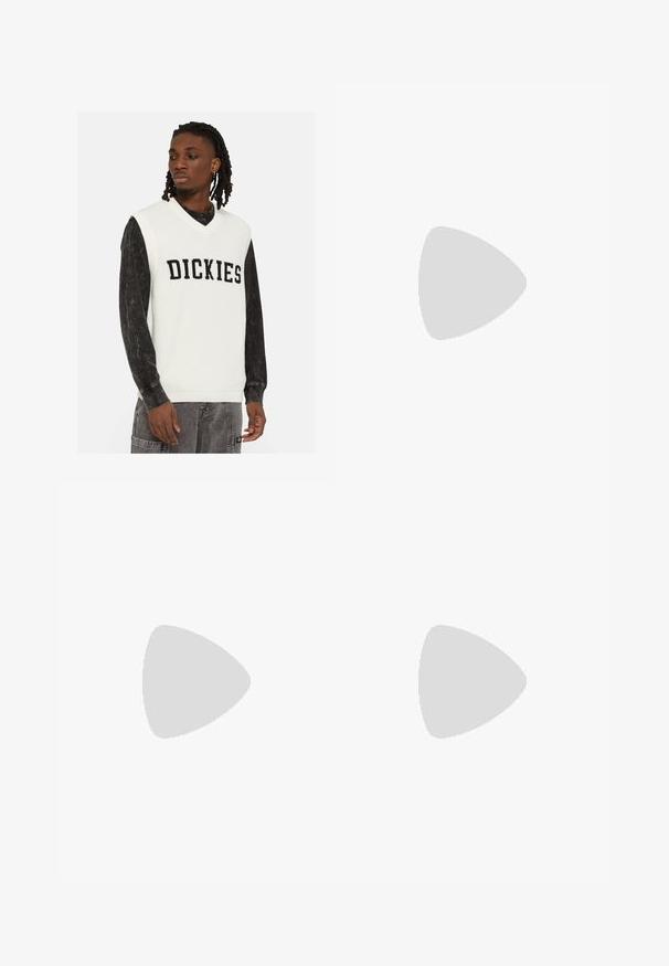 White knitted vest with a v-neckline, featuring the word "DICKIES" in bold black letters. Layered over a black long-sleeve shirt.; adidas Originals ADICOLOR DENIM FIREBIRD - Relaxed fit jeans - medium blue denim; Metallic silver sneakers with white laces and three white stripes, paired with black pinstriped pants. Gum sole accent at the bottom.; Black fabric crossbody bag with a zipper closure, featuring a white Adidas logo and a striped adjustable strap for easy carrying.