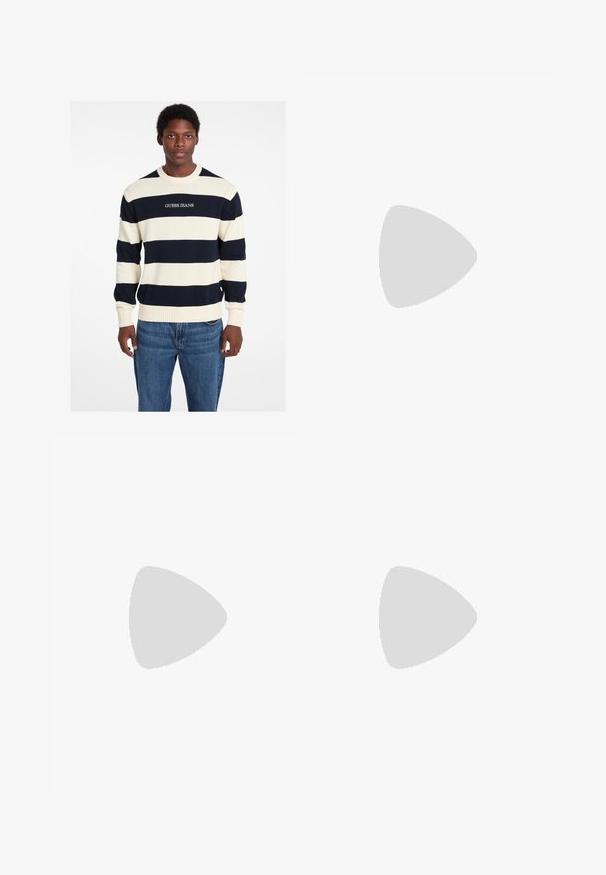 Navy and cream striped sweater in knit fabric features ribbed cuffs and hem, with "GUESS JEANS" logo displayed on the front. Casual fit.; White cotton t-shirt with short sleeves, rounded neckline, relaxed fit, and no visible logos or patterns. Smooth texture and minimal design.; Black, wide-leg, elastic waist pants with a drawstring, featuring side pockets and a smooth, lightweight fabric finish.; White leather sneaker with textured upper, rounded toe, flat white sole, and tonal laces. Subtle branding on the tongue.; Metal-framed sunglasses with oval green lenses. Thin silver metal frame and black ear tips. Minimalist design, no visible logos.
