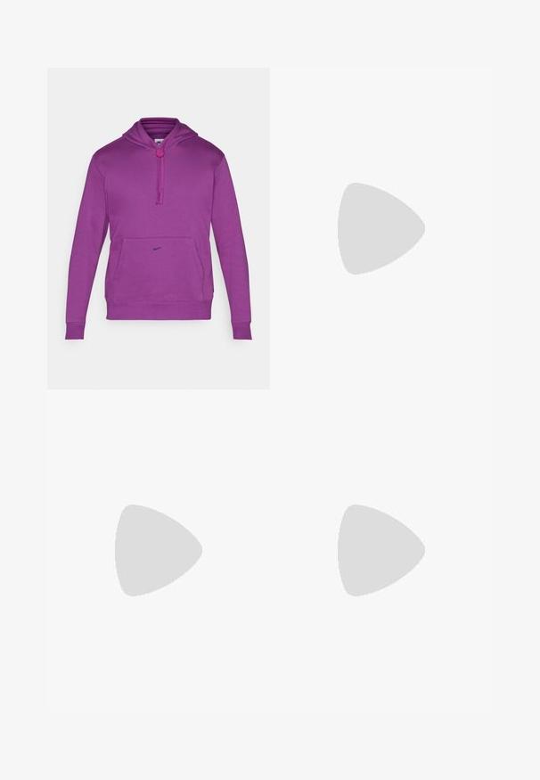 Purple sweatshirt with a hood, featuring a front kangaroo pocket and drawstring closure. Nike logo in black on the chest. Soft fabric texture.; White sleeveless athletic shirt made of lightweight material. Features a round neckline and a small black Nike logo on the upper left.; Black Nike joggers with elastic waistband, tapered legs, and subtle logo accent. Made from smooth fabric with a simple design.; White athletic shoes with a mesh upper and textured detailing, featuring a black swoosh logo on the side and a cushioned white sole.