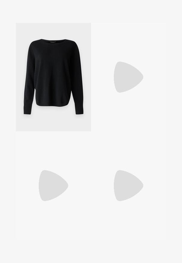 Repeat Strickpullover - black; Schwarze, taillierte Hose mit geradem Bein, aus einem glatten Stoff und mit klaren Falten an der Vorderseite. Keine sichtbare Hardware.; Schwarze Leder-Slingback-Pumps mit spitzem Schuhblatt, ausgestattet mit einem schlanken Absatz und einem goldfarbigen Akzent am verstellbaren Riemen. Glatte Textur.; Schwarze Lederhandtasche mit einem strukturierten Design, das eine verkürzte Form, einen oberen Griff und goldfarbene Hardware-Details aufweist. Verstellbarer Schulterriemen ist enthalten.