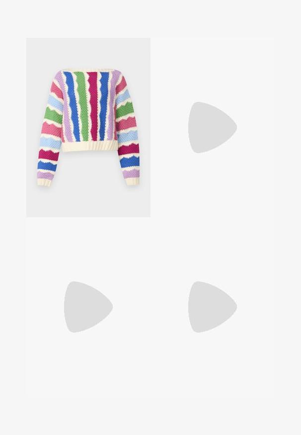 Crochet sweater featuring wavy stripes in pink, blue, green, lavender, and cream. Cropped design with ribbed neckline and cuffs.; Light blue wide-leg jeans made of denim, featuring a high waist, button closure, front pockets, and raw hem.; Brown suede ankle boot with a rounded toe, a plush lining, and a decorative metallic buckle at the ankle. Features a thick platform sole.; Light blue handbag with a structured shape, smooth leather material, two handles, and a triangular brand logo on the front. Zippered closure.