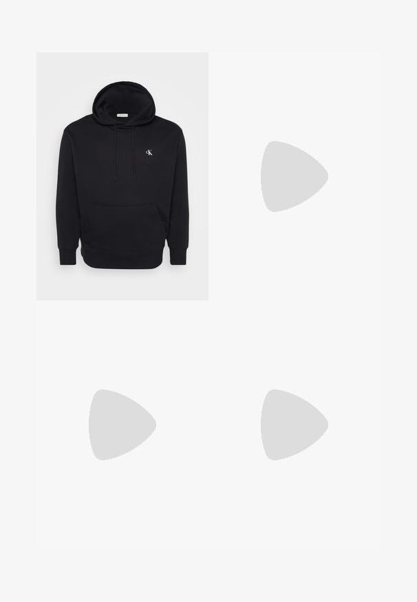 Black hoodie made of soft fabric, featuring a front pocket, drawstring hood, and a small white logo on the chest.; White cotton t-shirt featuring a black "CK" logo and "Calvin Klein Jeans" text, short sleeves, and a classic round neckline.; Blue denim jeans with a slim fit, mid-rise waist, five-pocket design, faded wash, and light whiskering on the front and back.; Black hiking shoes featuring a layered design, textured fabric, and rubber sole, with reinforced areas and a lace-up front.