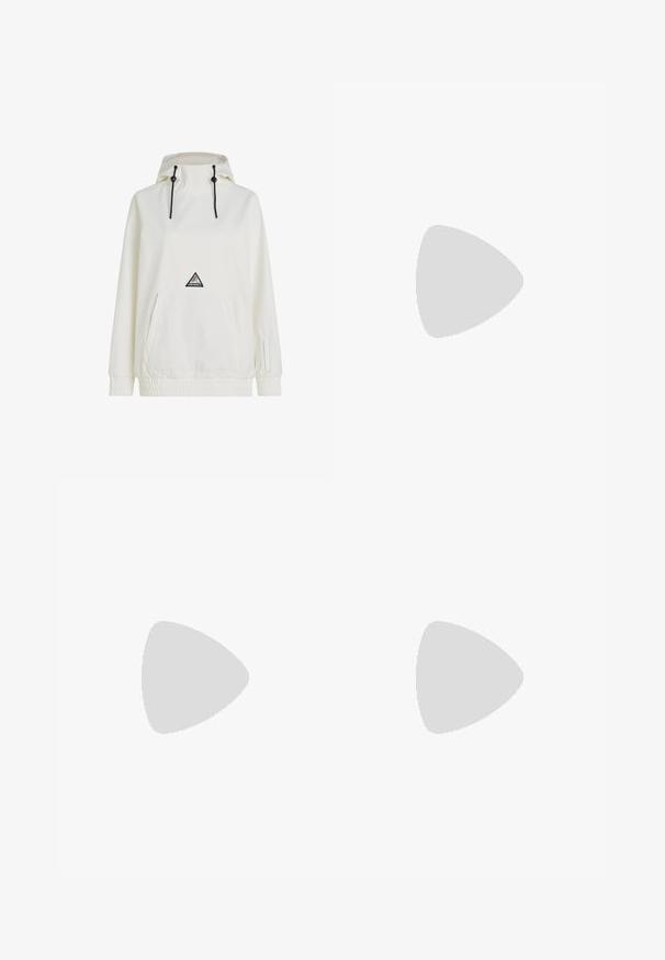 Λευκό αθλητικό μπουφάν με κουκούλα, κορδόνι, μπροστινή τσέπη, ελαστικά μανίκια και στρίφωμα. Διαθέτει τρίγωνη ετικέτα λογότυπου στο στήθος.; Μαύρο μακρυμάνικο μπλουζάκι από βαμβάκι με στρογγυλή λαιμόκοψη. Διαθέτει ένα μικρό λευκό λογότυπο στην αριστερή πλευρά του στήθους. Απλός σχεδιασμός και εφαρμογή.; Μαύρα νάιλον παντελόνια cargo με φερμουάρ που αφαιρούνται, ρυθμιζόμενους καρπούς, πολλαπλές τσέπες και λογότυπο στο δεξί πόδι. Απαλή, ελαφριά υφή.; Μπεζ και κρεμ αθλητικό παπούτσι με υφασμάτινη άνω επιφάνεια με υφή, υποστηρικτικά overlay και καουτσούκ σόλα με σχέδιο πέλματος για πρόσφυση.