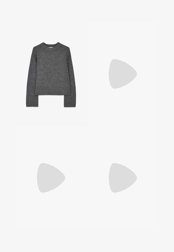 Harmaa neulepaita, jossa on pitkät hihat, pyöreä kaula-aukko, resorit hihansuissa ja helmassa. Pehmeä rakenne, jossa on hieman lyhyempi muoto.; Weekday SUITING - Housut - dark grey; Miestne tmavohnedé kožené penny loafer s čiernou podrážkou a prešívaním na špičke, zobrazené v bočnom profile.; Ruske kožne torbe s dva dugačka ručka, strukturiranog pravokutnog oblika, glatke teksture i zaobljenih rubova. Sadrži detalje s naglaskom na ručkama.