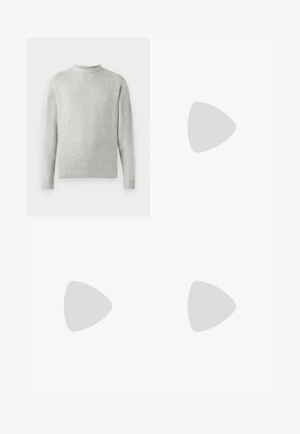 Light gray sweater made from soft fabric, featuring a ribbed crew neckline and ribbed cuffs and hem. Minimalist design, long sleeves.; Light blue denim jeans with a high waist, wide-leg design, and a subtle faded texture. Features front pockets and a zip fly closure.; Beige suede sneaker with three dark blue stripes, white laces, and a tan rubber sole. Features a logo on the tongue and "CAMPUS" text.; Metal-framed sunglasses with oval green lenses. Thin silver metal frame and black ear tips. Minimalist design, no visible logos.