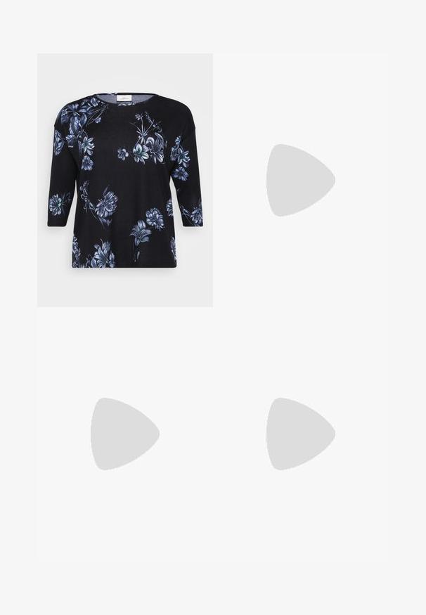 Črna majica s tričetrtinskimi rokavi, okrašena s cvetličnim vzorcem v odtenkih modre. Narejena iz mehkega materiala s krožnim izrezom.; Temno modri široki jeans z visokim pasom, s zavitimi manšetami, kontrastnim šivanjem in dizajnom s petimi žepi. Narejeni iz jeansa.; Črne lakirane sandale s peto, kvadratnim prstom, trakovi okrog gležnja in srebrnimi zaponkami. Opremljene so s stabilno Debelo peto.; Črna usnjena torbica s ukrivljeno obliko, z odstranljivo naramnico in zlatimi dodatki. Torbica ima pokrov s podrobnostmi v obliki zaponke.