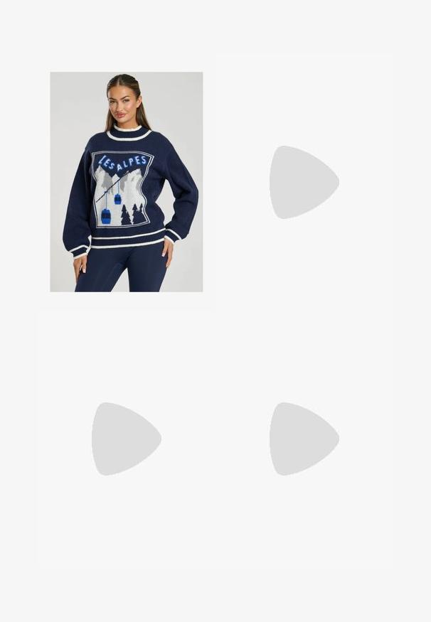 Blauer Strickpullover mit einem Grafikdesign von Bergen, Seilbahnen und "LES ALPES" in Blau, sowie weißen Akzenten am Kragen und an den Bündchen.; Hellblaue weit geschnittene Denim-Jeans mit einer ausgewaschenen Optik, ausgestattet mit vorderen Taschen, einem Knopfverschluss und seitlichen Schlitzen am Saum.; Beige Moon Boots mit glänzendem Obermaterial, elastischer Schnürung und gepolstertem Schaft. Die Gummisohle hat ein strukturiertes Muster für besseren Halt.; Ovale Brillen mit einem metallisch-silbernen Rahmen, klaren Gläsern und strukturierten Perlenakzenten an den Bügeln. Leichtes Design mit gebogenen Bügeln.